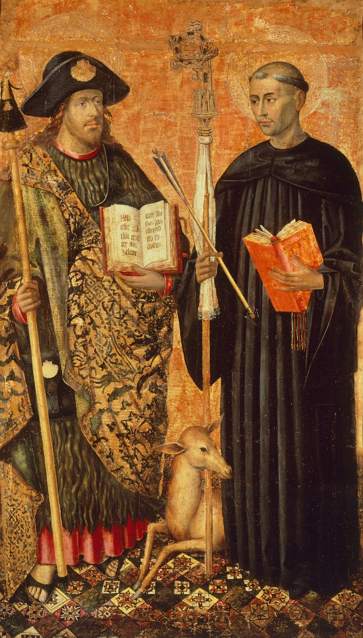 Saint Jacques de Compostelle représenté en pèlerin avec le bâton, le chapeau et la coquille, et Saint Gilles l