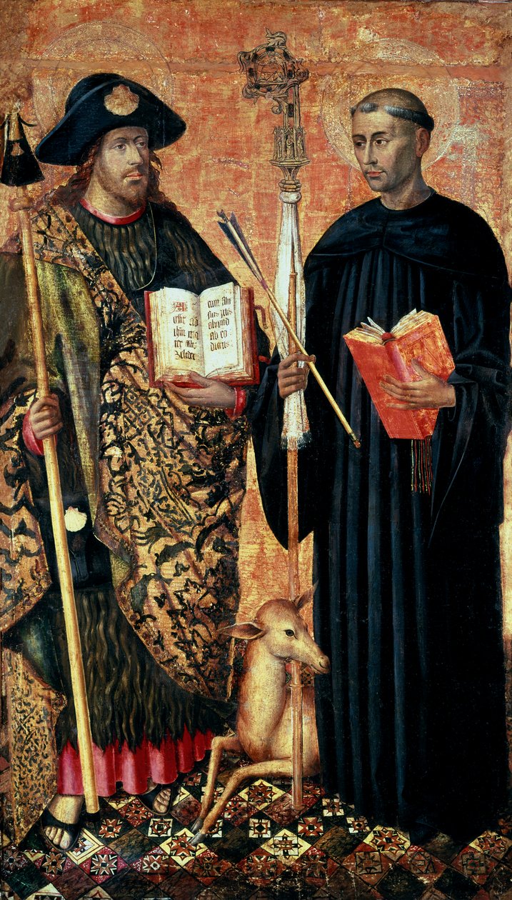 Saint Jacques de Compostelle représenté en pèlerin avec le bâton, le chapeau et la coquille, et Saint Gilles l