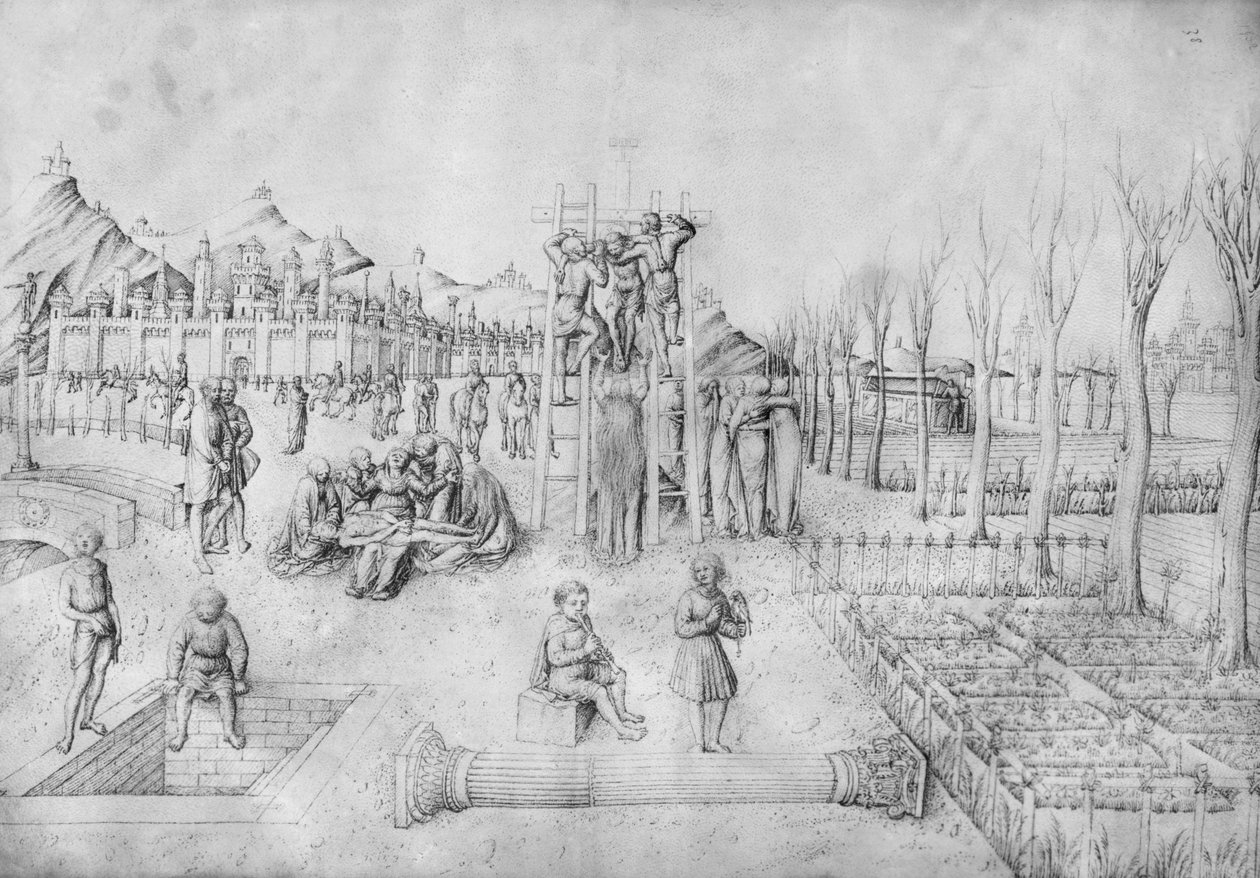Descente de croix et Lamentation du Christ dans un paysage, du Album de dessins de Jacopo Bellini - Jacopo Bellini