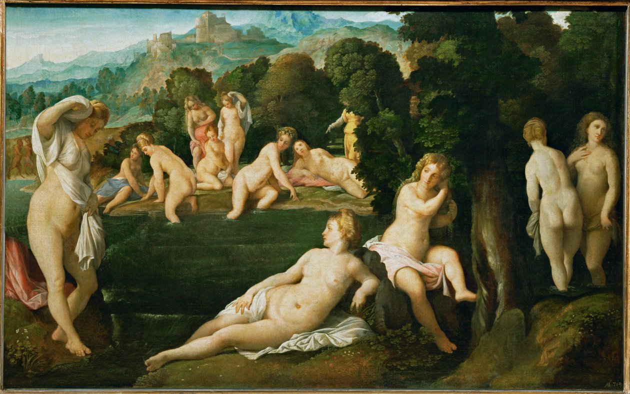 Diane découvre la grossesse de la nymphe Callisto (peinture sur toile) - Jacopo (c.1480-1528) Palma
