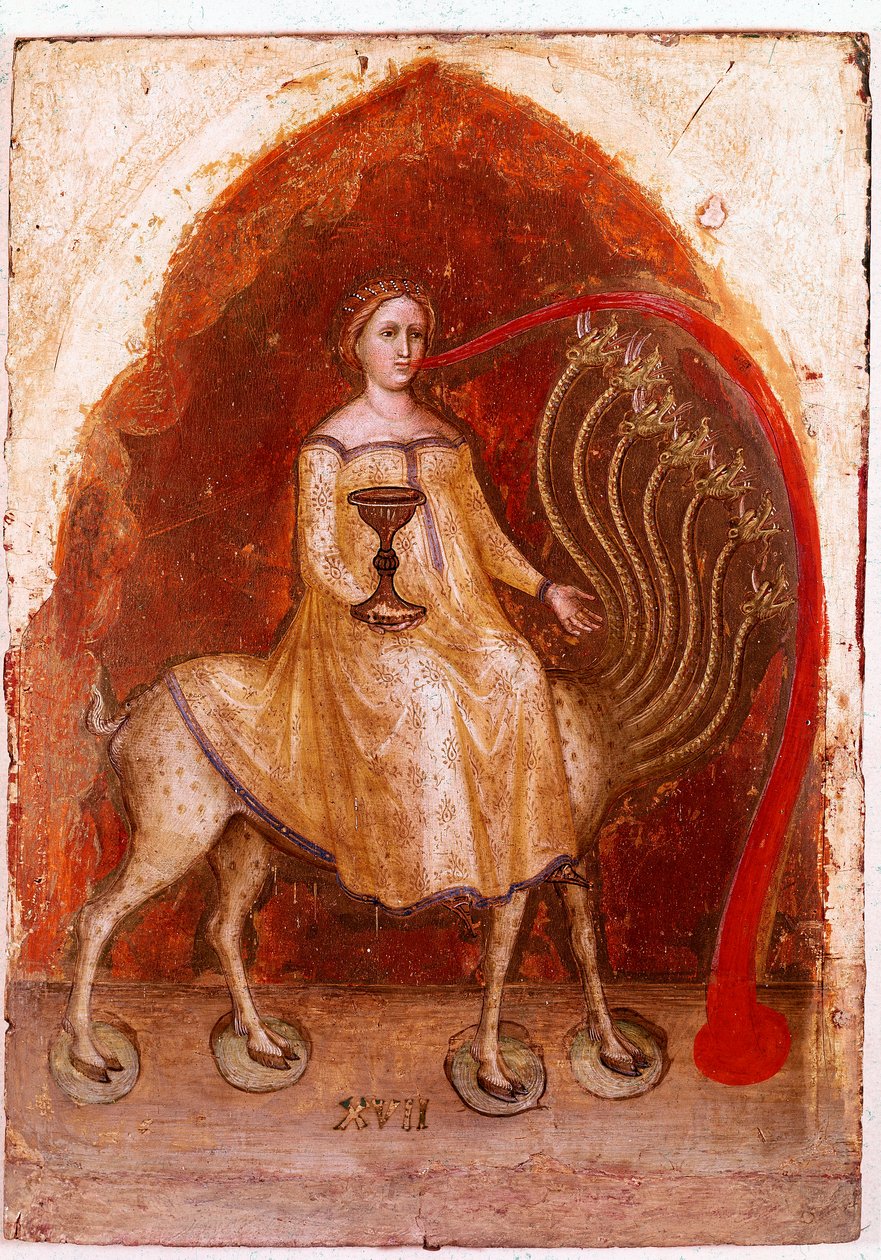 Panneau gauche du Polyptyque de la Révélation : la bête a sept têtes et la Femme, assise dessus, prostituée riche. Détrempe sur bois - Jacopo Alberegno