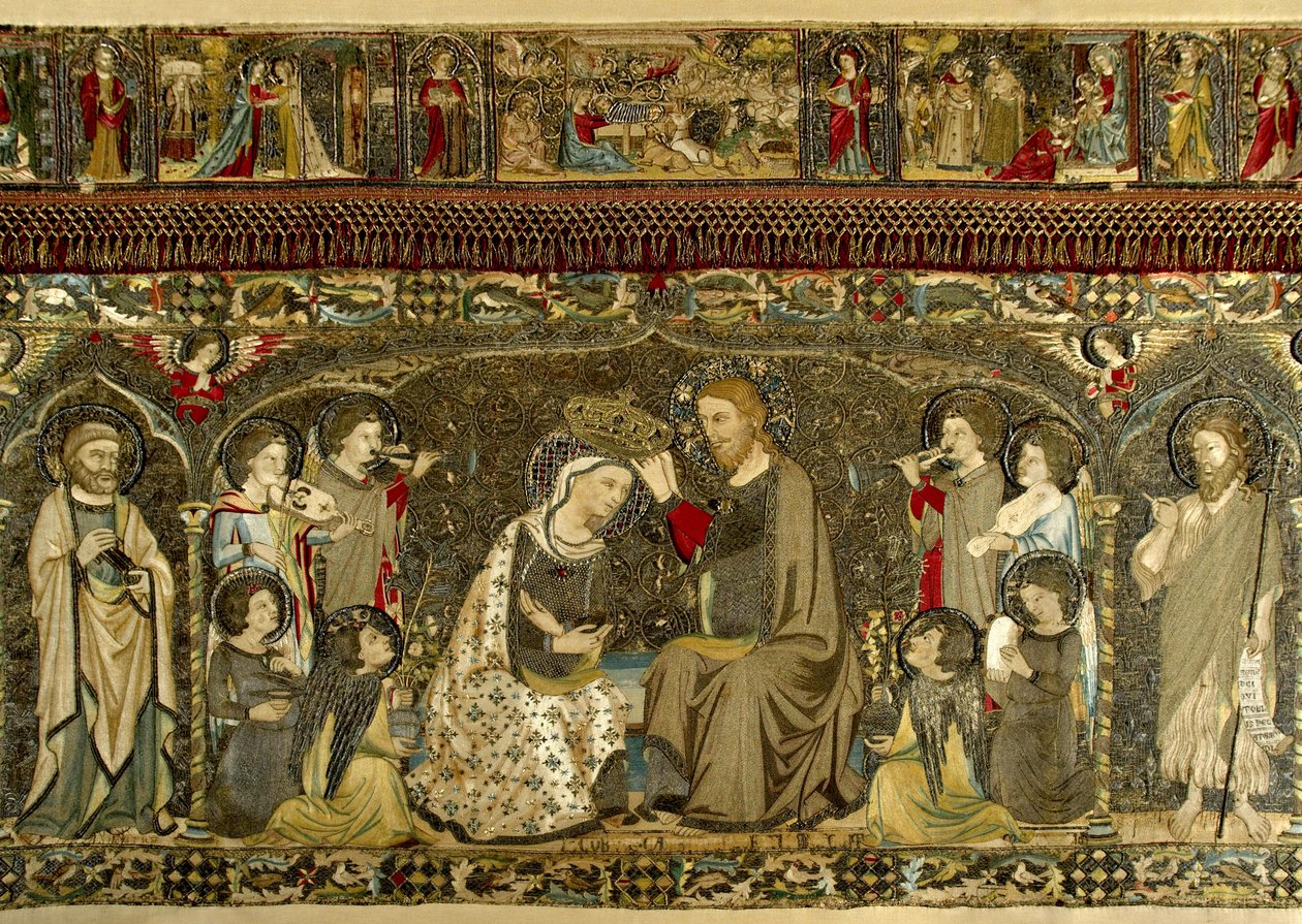 La Couronnement de la Vierge entre huit anges et quatorze saints (Broderie ecclésiastique) par Cambi, Jacopo (actif vers 1336) - Jacopo Cambi