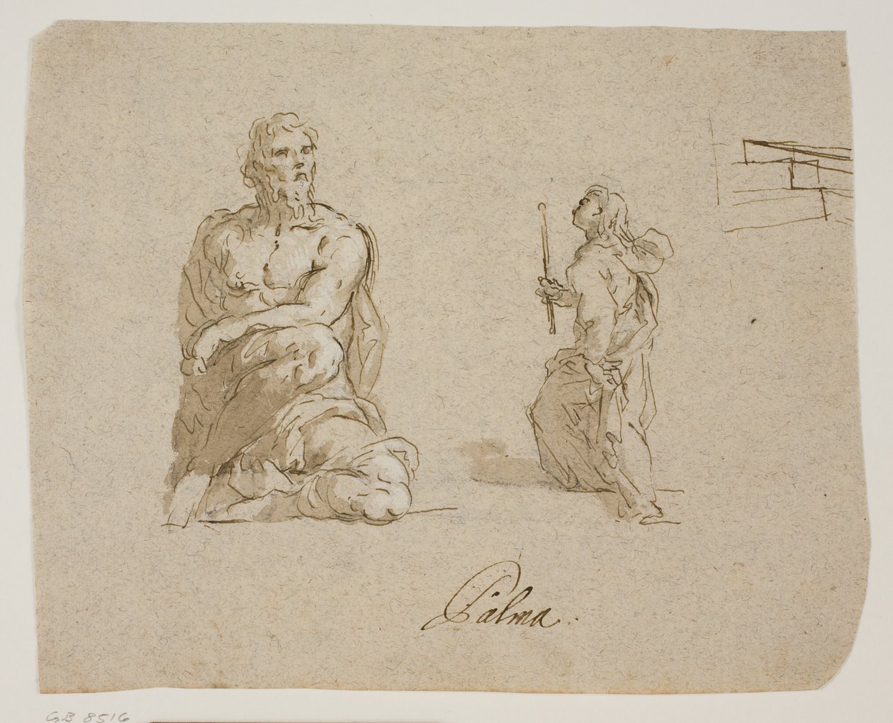 Homme agenouillé, fille avec une bougie montant des escaliers (la Vierge entrant dans le Temple), esquisse en perspective pour les escaliers - Jacopo Palma