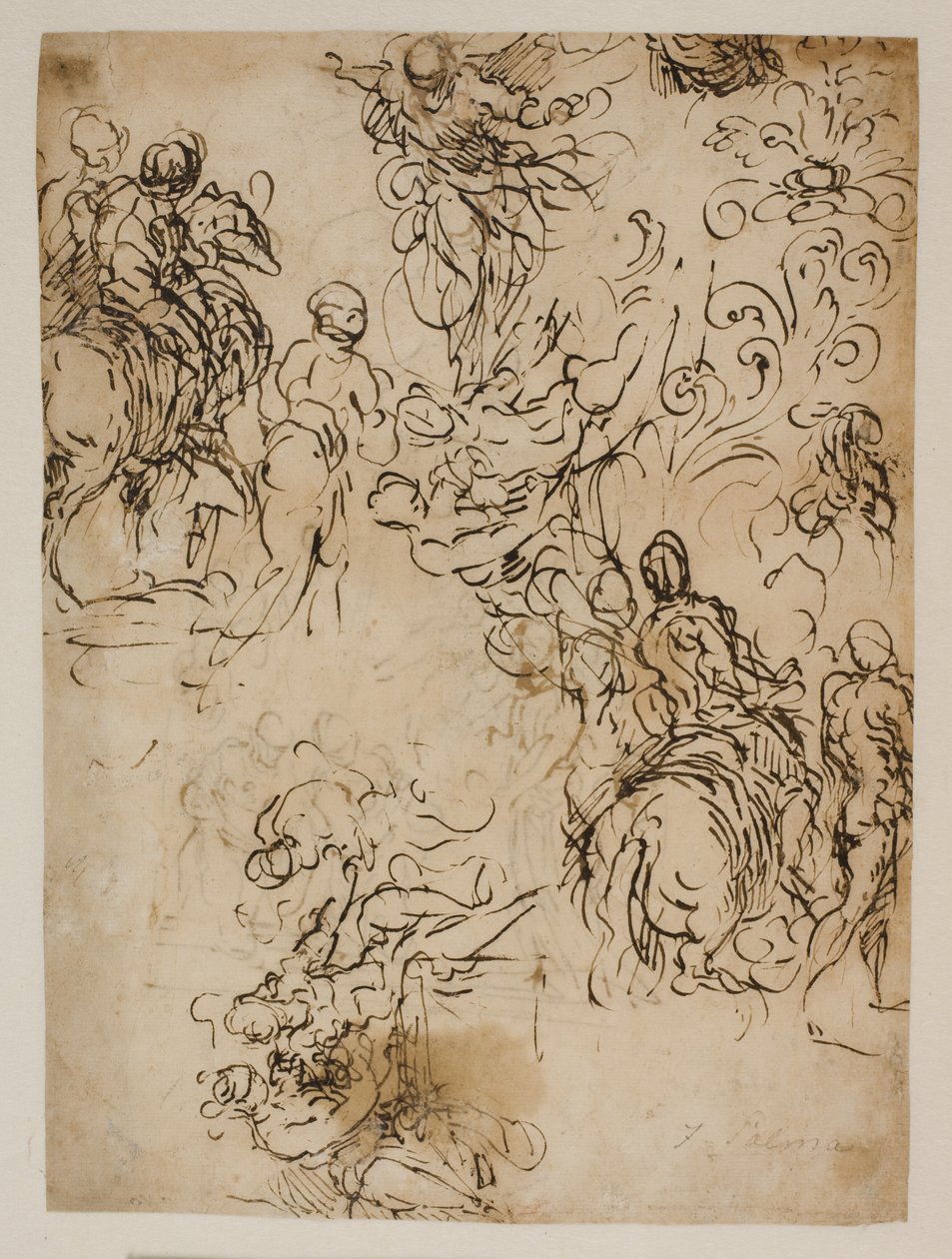 Esquisses pour le Christ flottant dans les airs, cavaliers, un couple assis et un ornement floral - Jacopo Palma