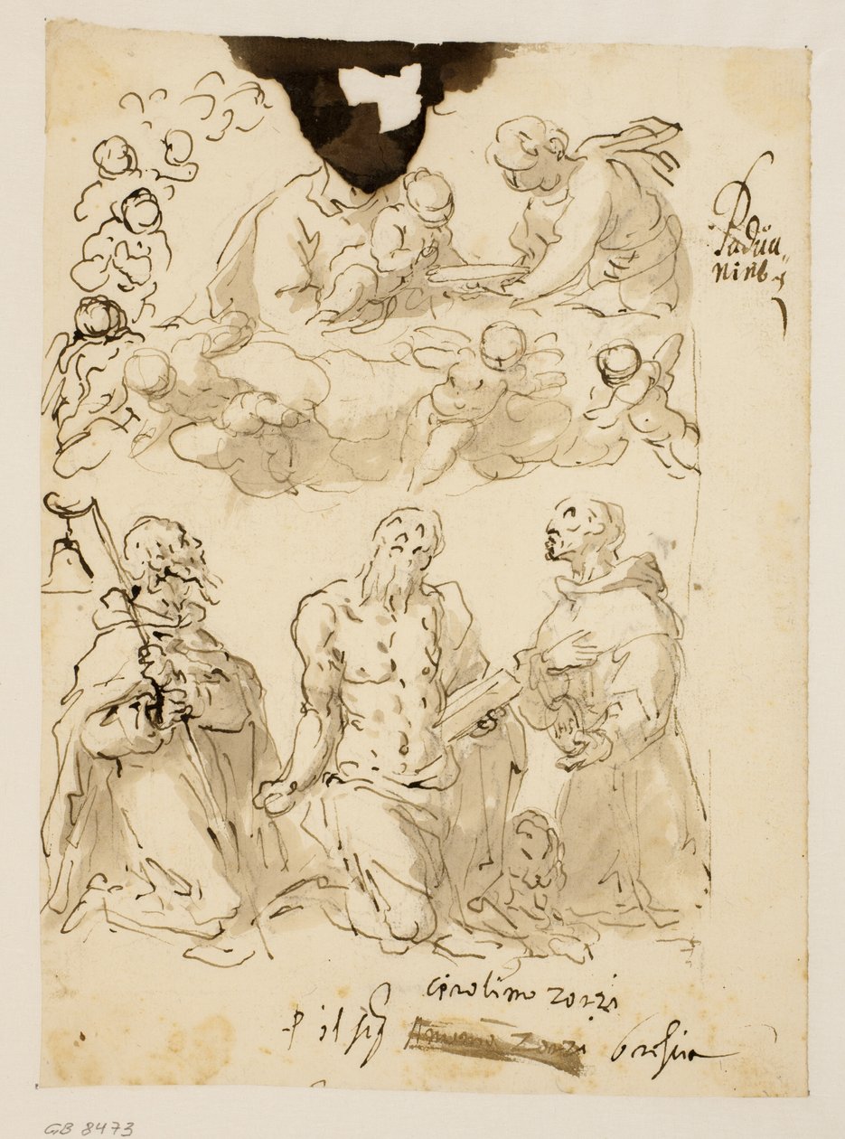 Saints Antoine, Jérôme et Bernardin à genoux, avec la Vierge et l