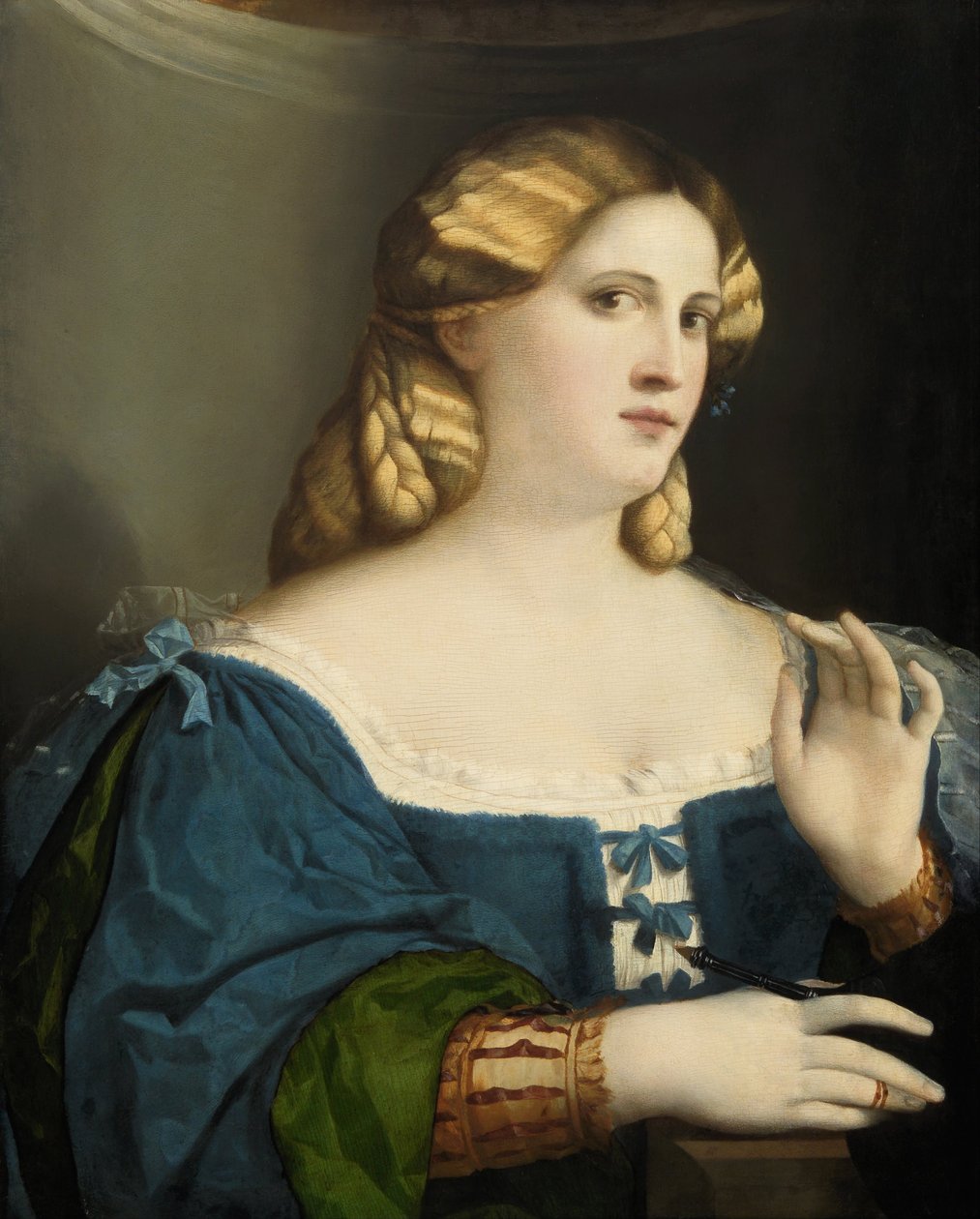 Jeune femme en robe bleue, avec éventail, 1512-1514 - Jacopo Palma il Vecchio the Elder