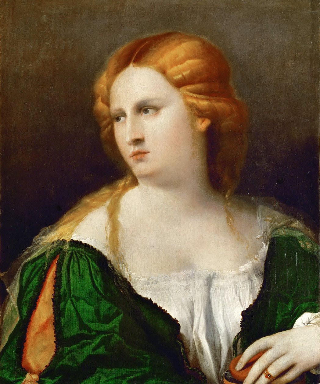 Jeune femme en robe verte, une boîte à la main, ca 1514 - Jacopo Palma il Vecchio the Elder