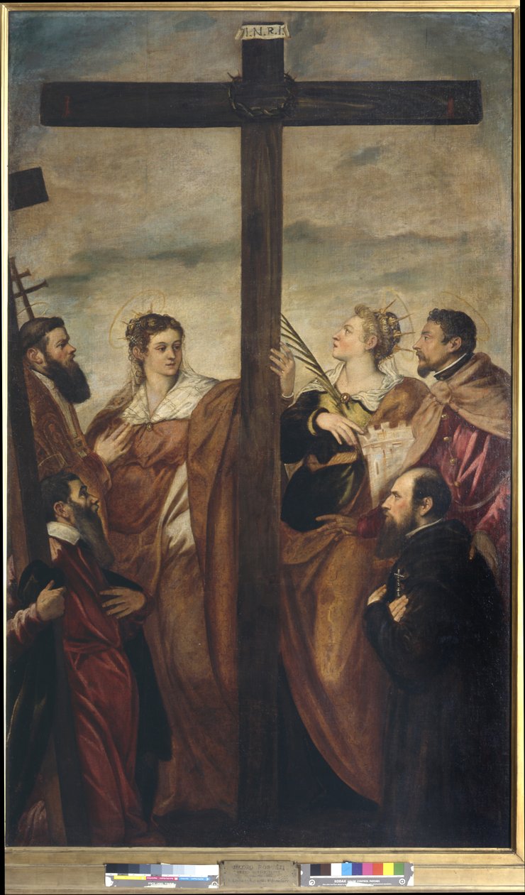 Les saints Hélène, Barbara, André, Macaire, un autre saint et un dévot adorent la Croix, vers 1560 - Jacopo Robusti Tintoretto