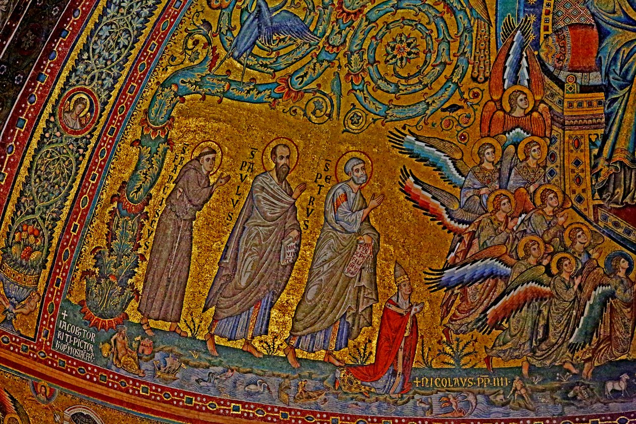 Saint François, Saint Paul, Saint Pierre, Pape Nicolas IV et anges assistant au Couronnement de la Vierge - Jacopo Torriti