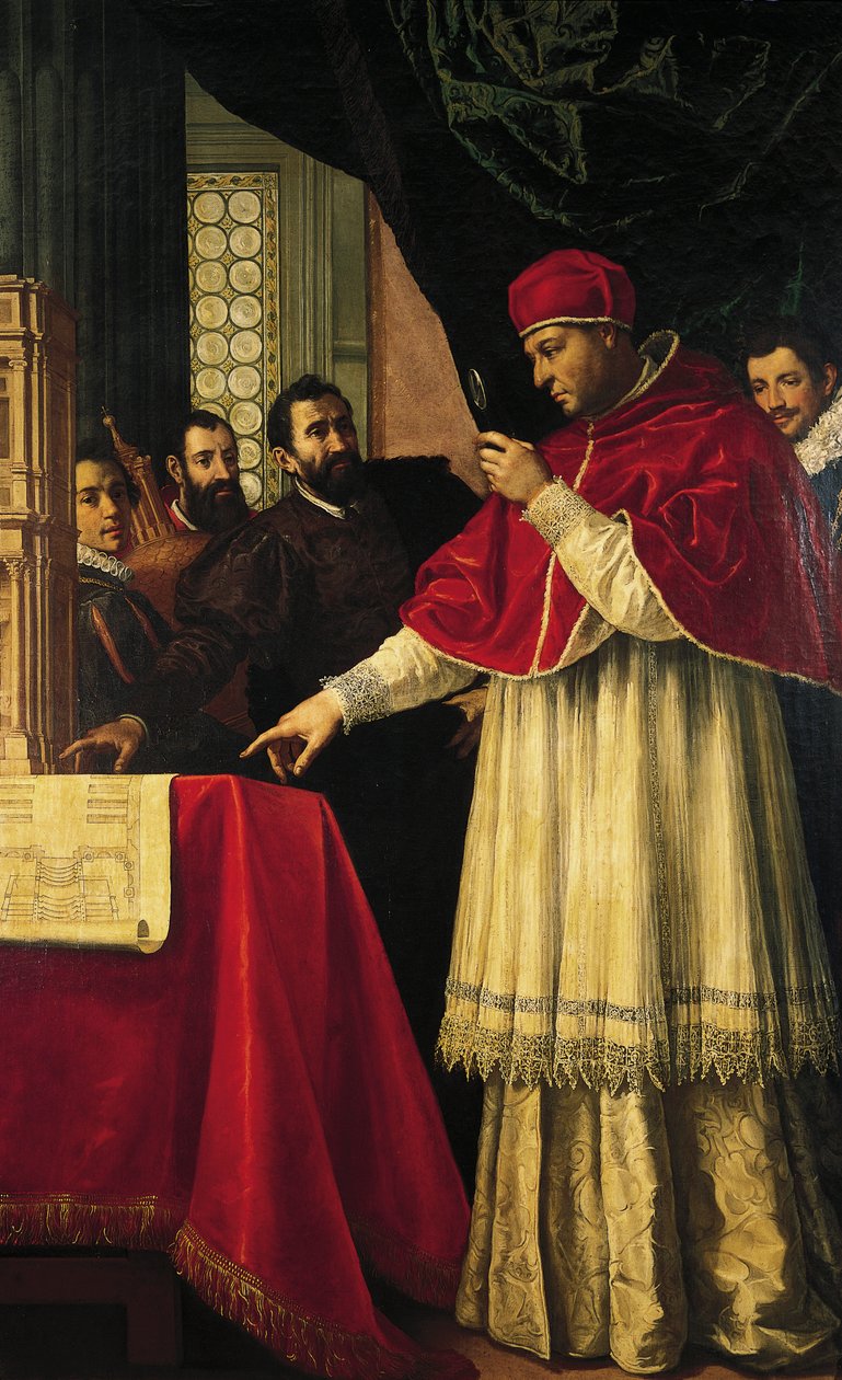 Michel-Ange présentant des modèles pour la façade de San Lorenzo, la Bibliothèque Laurentienne et les tombes des Médicis au Pape Léon X et au Cardinal Giulio de Medici - Jacopo da Empoli (and workshop)