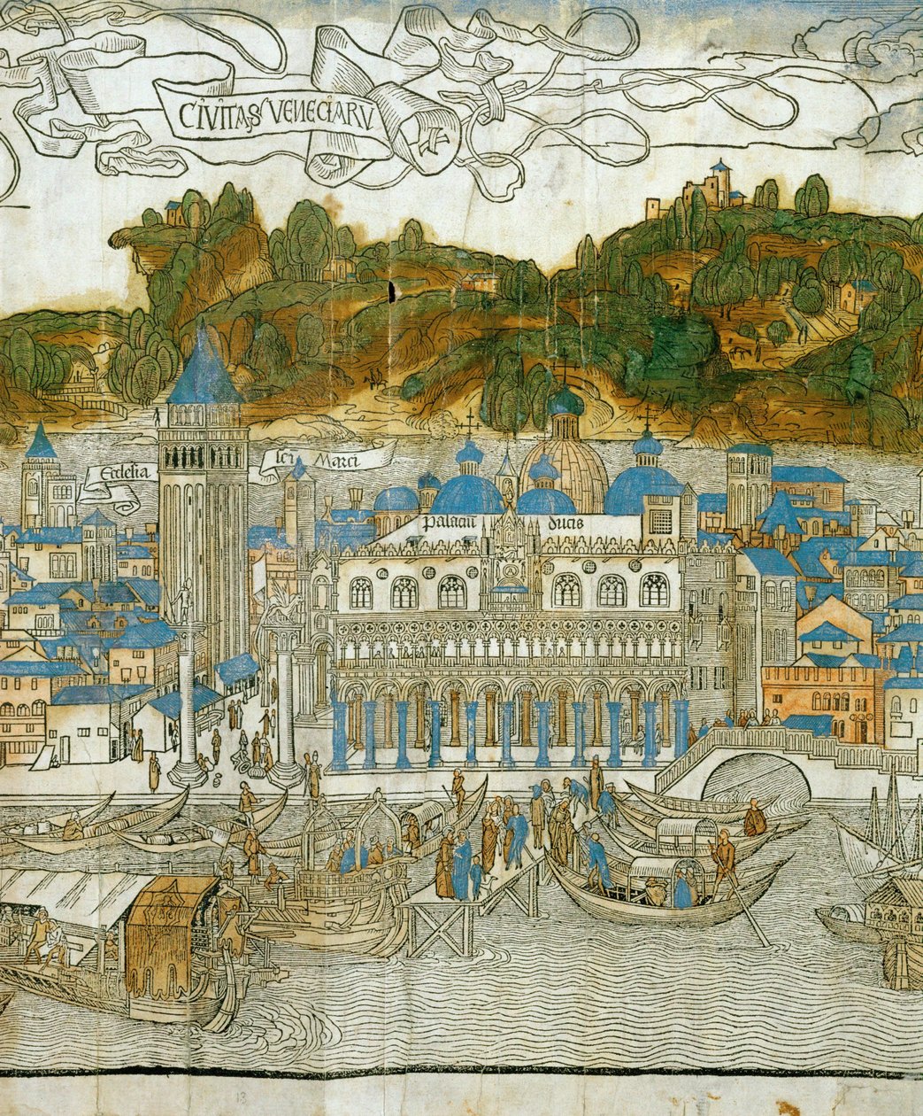 Venise et le vieux campanile avant sa destruction par un tremblement de terre, tiré de Pregrinatio in Terram Sanctam, imprimé pour la première fois en 1486 ... (gravure sur bois) - Jacopo de