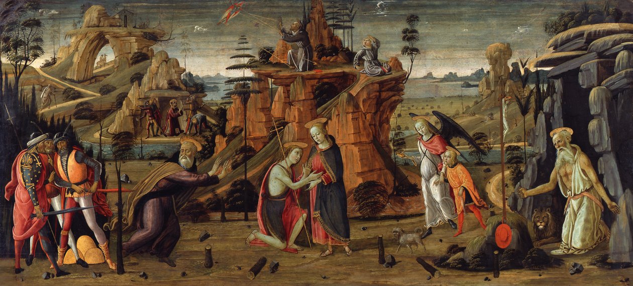 Paysage avec des scènes bibliques et des scènes de légendes de saints - Jacopo del Sellaio