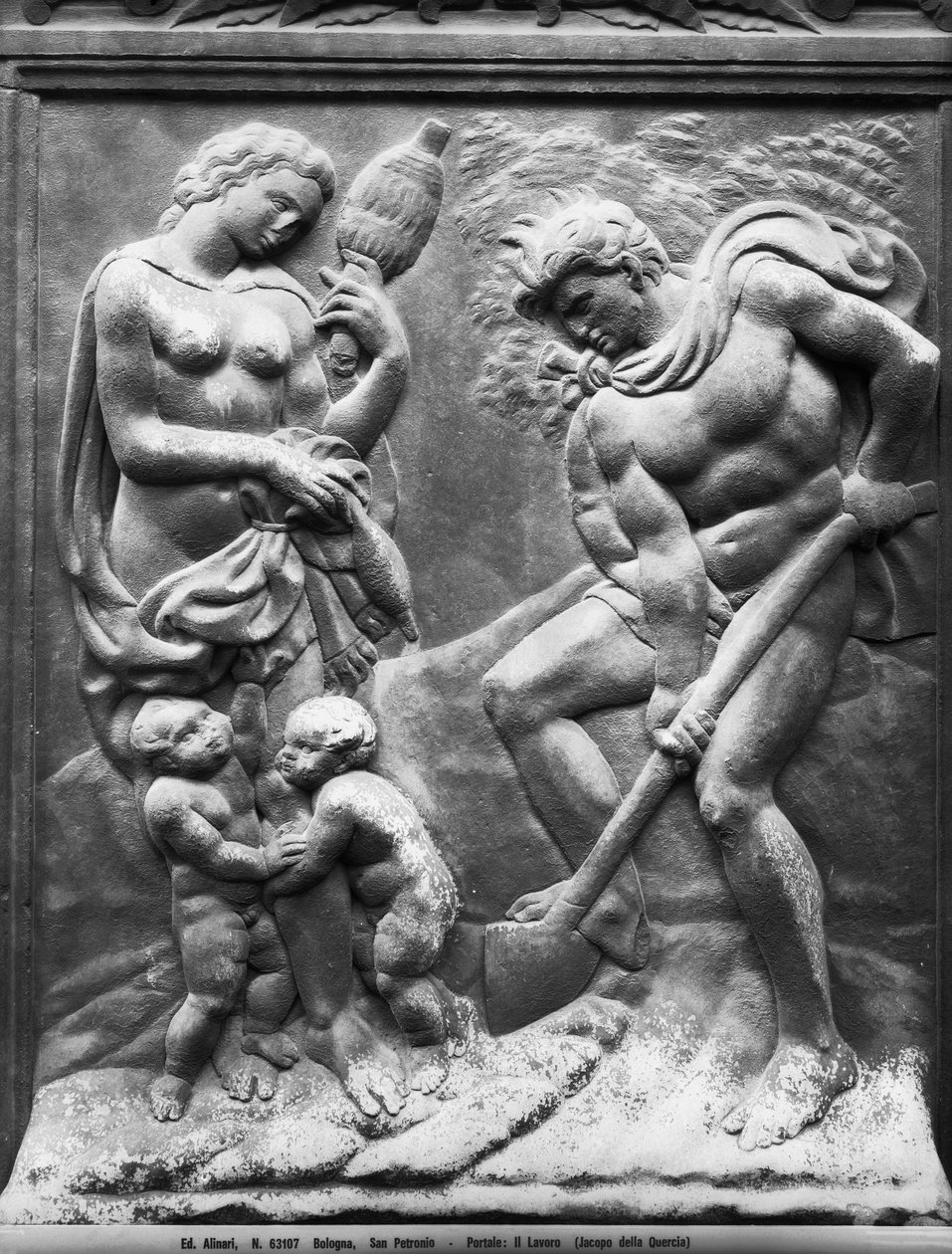 Adam et Ève forcés de travailler, panneau de la Porta Magna, c.1430 (marbre) - Jacopo della Quercia