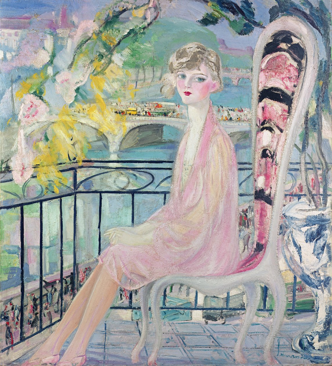 Portrait de Dolly Davis sur un balcon devant le vieux pont de l