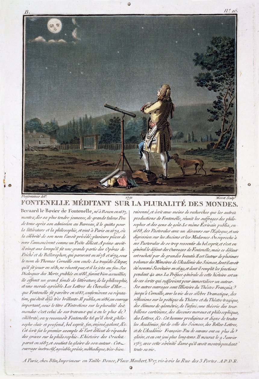 Bernard le Bovier de Fontenelle (1657-1757) contemplant la pluralité des mondes, gravé par Jean Baptiste Morret, 1791 - Jacques Francois Joseph Swebach