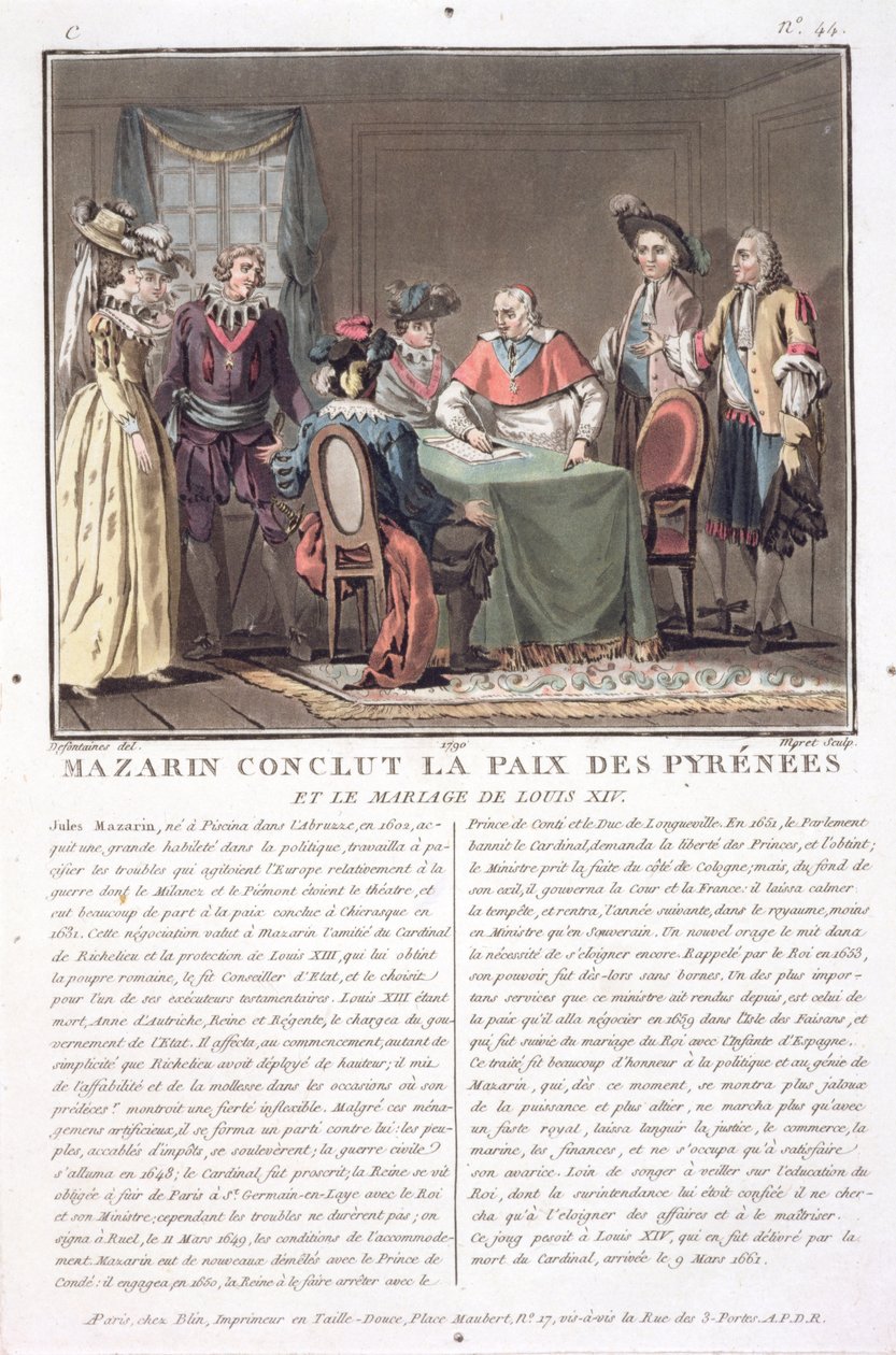 Le cardinal Mazarin (1602-61) conclut la paix des Pyrénées, 1659, gravé par Jean Baptiste Morret (fl.1790-1820), 1790 - Jacques Francois Joseph Swebach