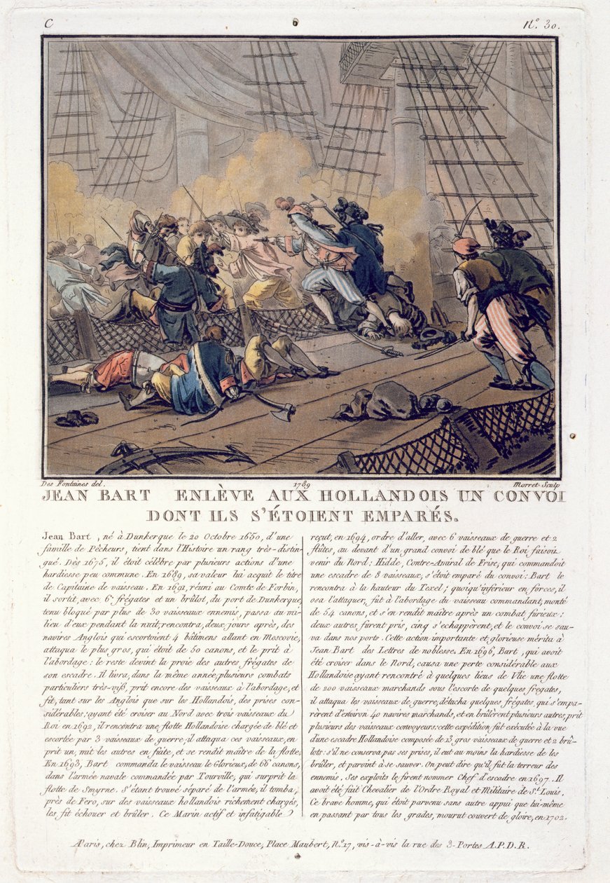 Jean Bart (1651-1702), commandant naval français prenant le convoi hollandais, 1696, gravé par Jean Baptiste Morret, 1789 - Jacques Francois Joseph Swebach