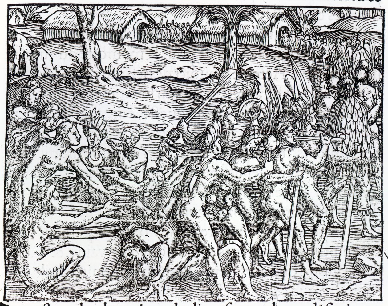 Procession de natifs buvant et fumant, gravée par Theodor de Bry - Jacques Le Moyne