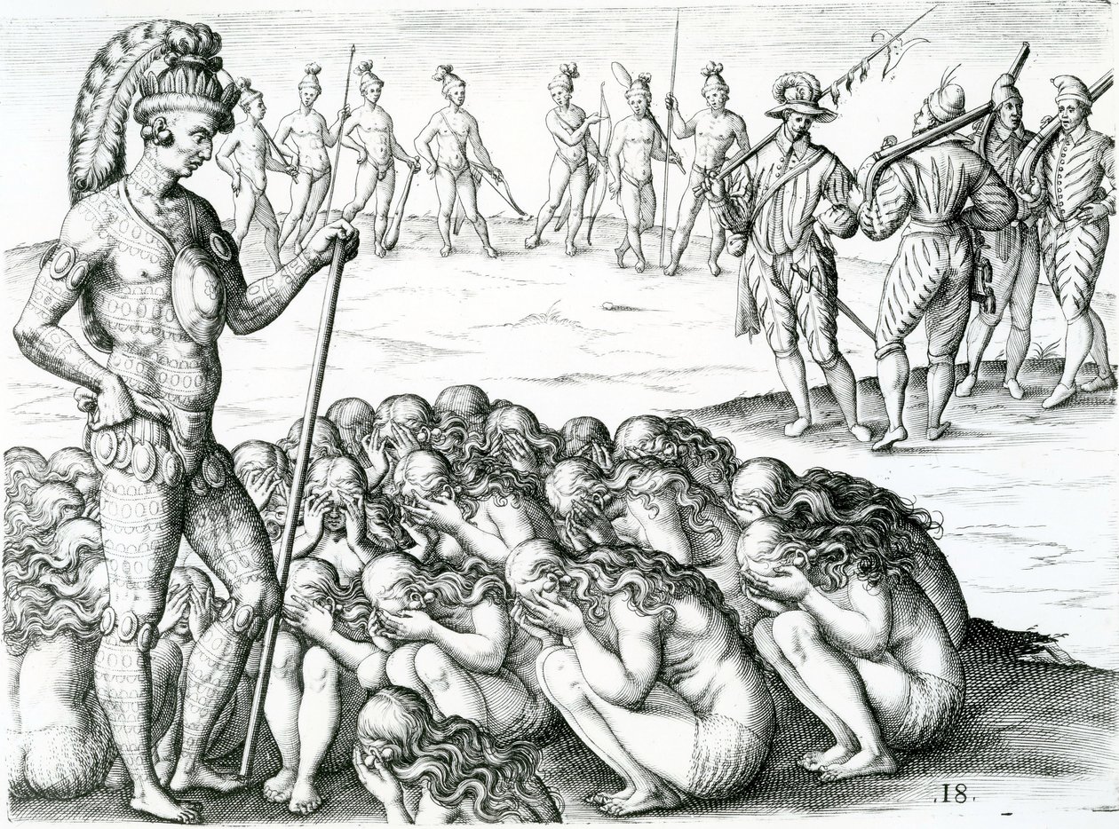 morbo sublati postulata a Rege, illustration tirée de Brevis narratio eorvm qvae in Florida Americae provicia Gallis acciderunt 1591 - Jacques Le Moyne