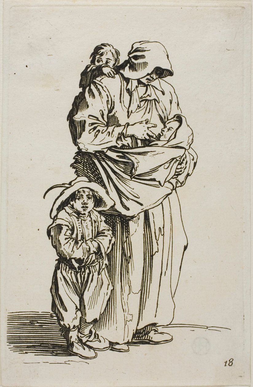 Une mère avec ses trois enfants, planche 18 des Mendiants - Jacques Callot