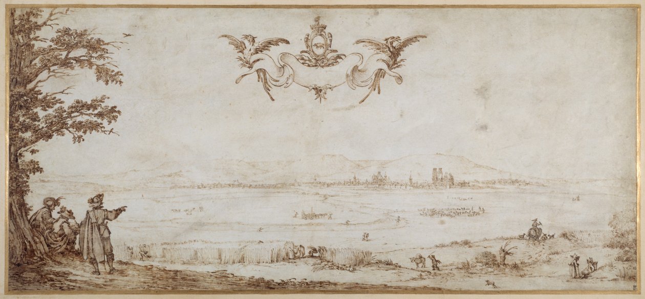 Vue de Toul à travers la plaine, paysage avec figures, le ciel avec les armes des Porcellets - Jacques Callot