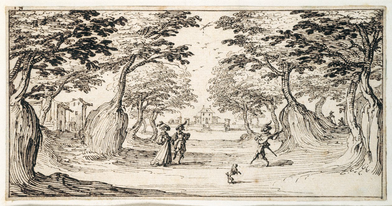 Une dame et un gentleman dansant dans les bois au son d