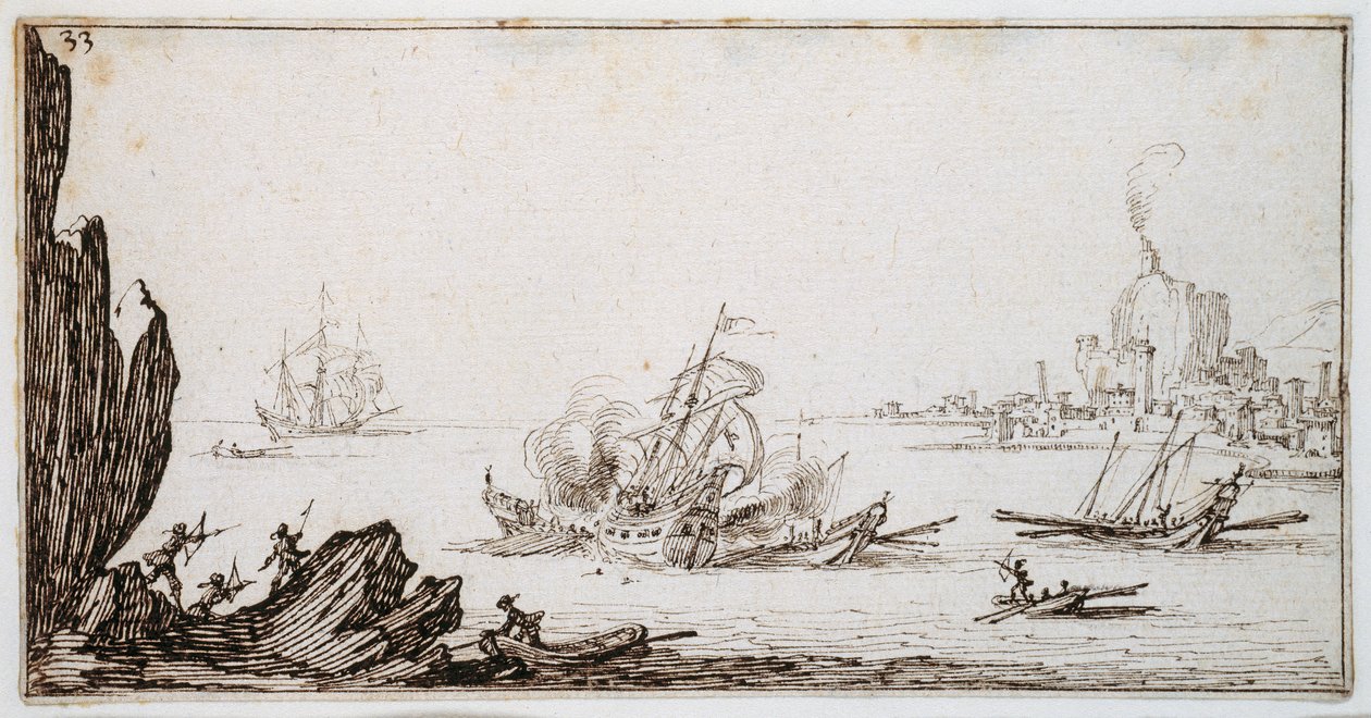 Une galère éperonnée au milieu par un vaisseau de guerre à voile en vue du port, vers 1617 - Jacques Callot