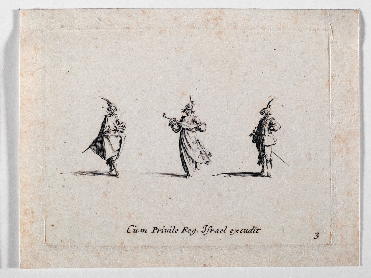 Une dame faisant de la musique et deux cavaliers, de ... (gravure) - Jacques Callot