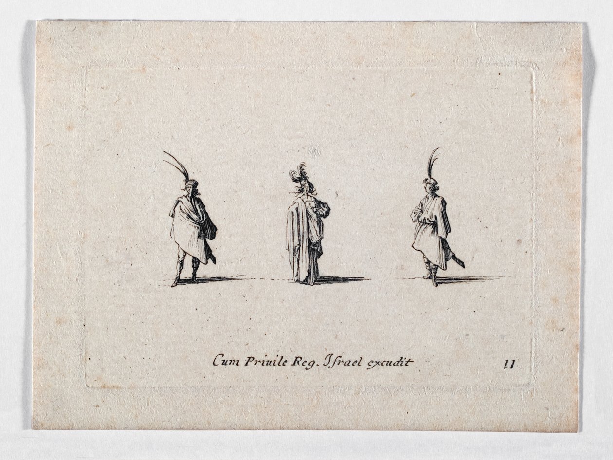 Une dame au long manteau et deux cavaliers, de ... (gravure) - Jacques Callot