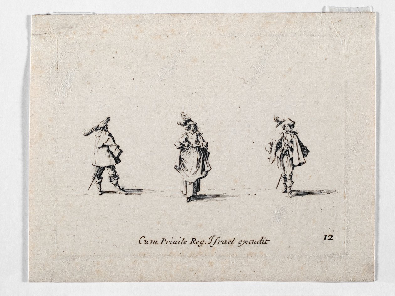 Une dame au chapeau à plumes et deux cavaliers, de ... (gravure) - Jacques Callot