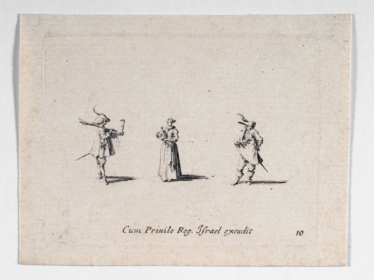 Une dame avec une bouteille de vin et deux cavaliers, de ... (gravure) - Jacques Callot