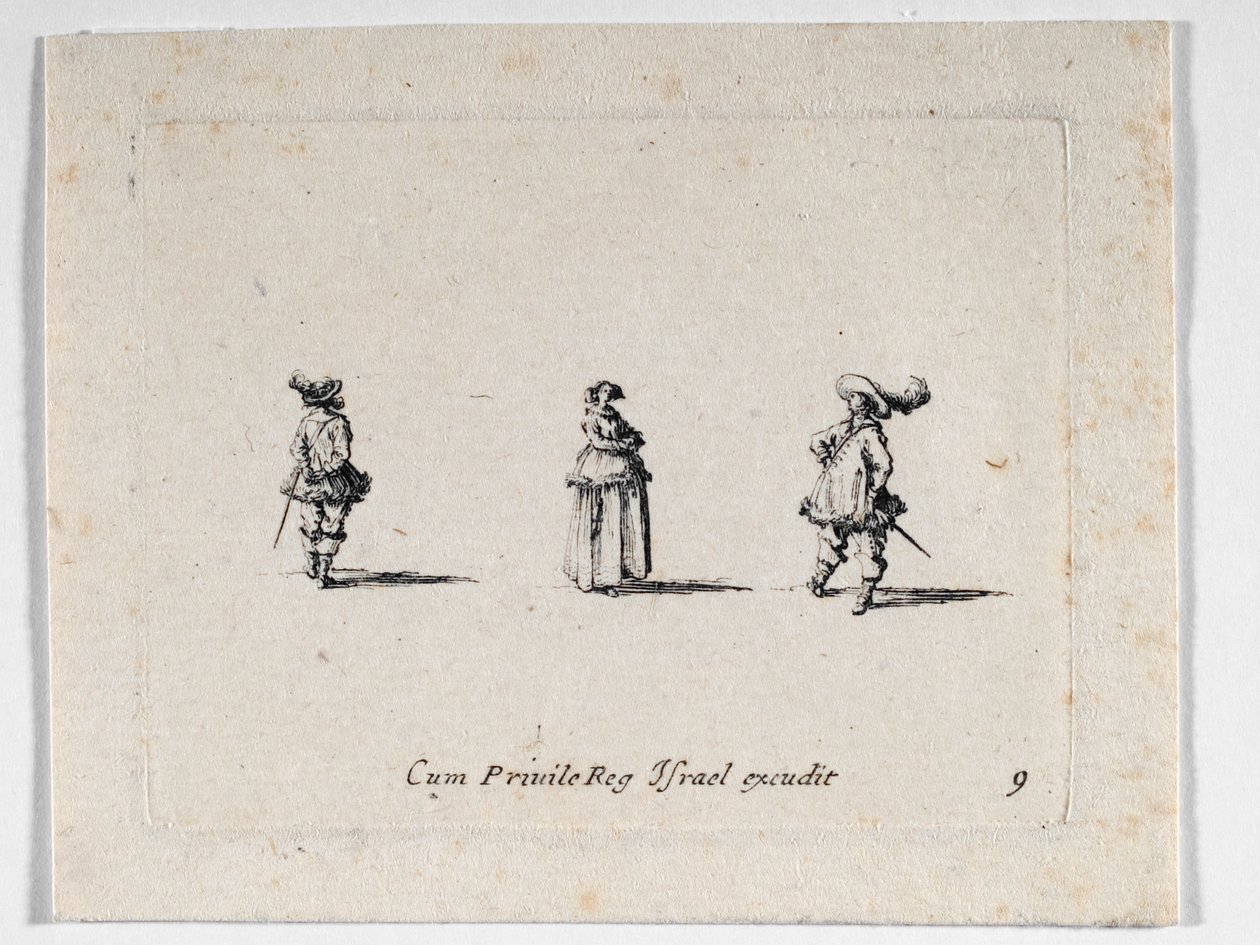 Une dame aux bras croisés et deux cavaliers, de ... (gravure) - Jacques Callot