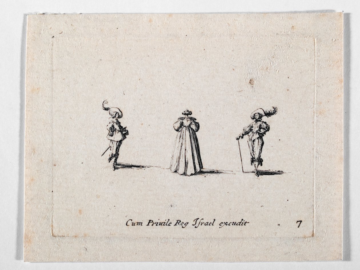 Une dame à la robe richement plissée, vue de dos, et deux cavaliers, d