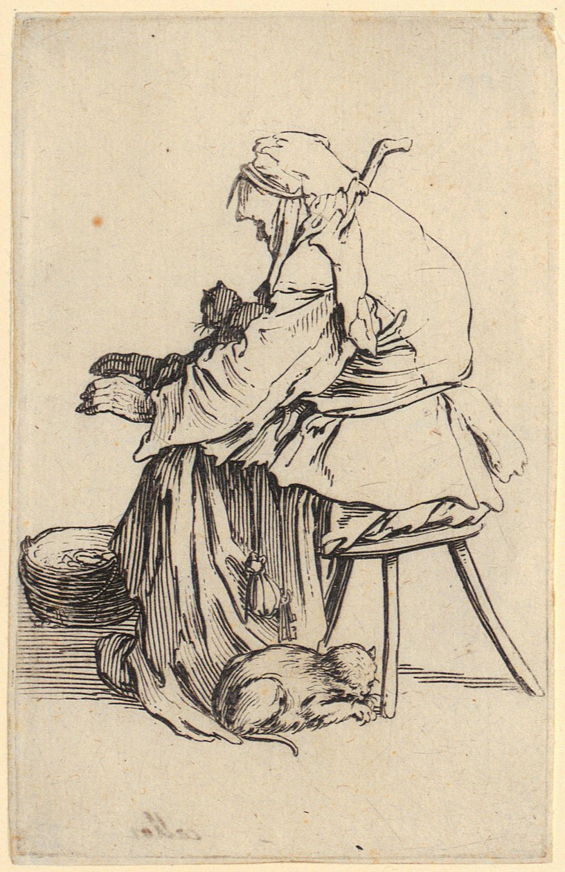 Vieille femme avec des chats, planche 25 de la série « Les Mendiants » - Jacques Callot