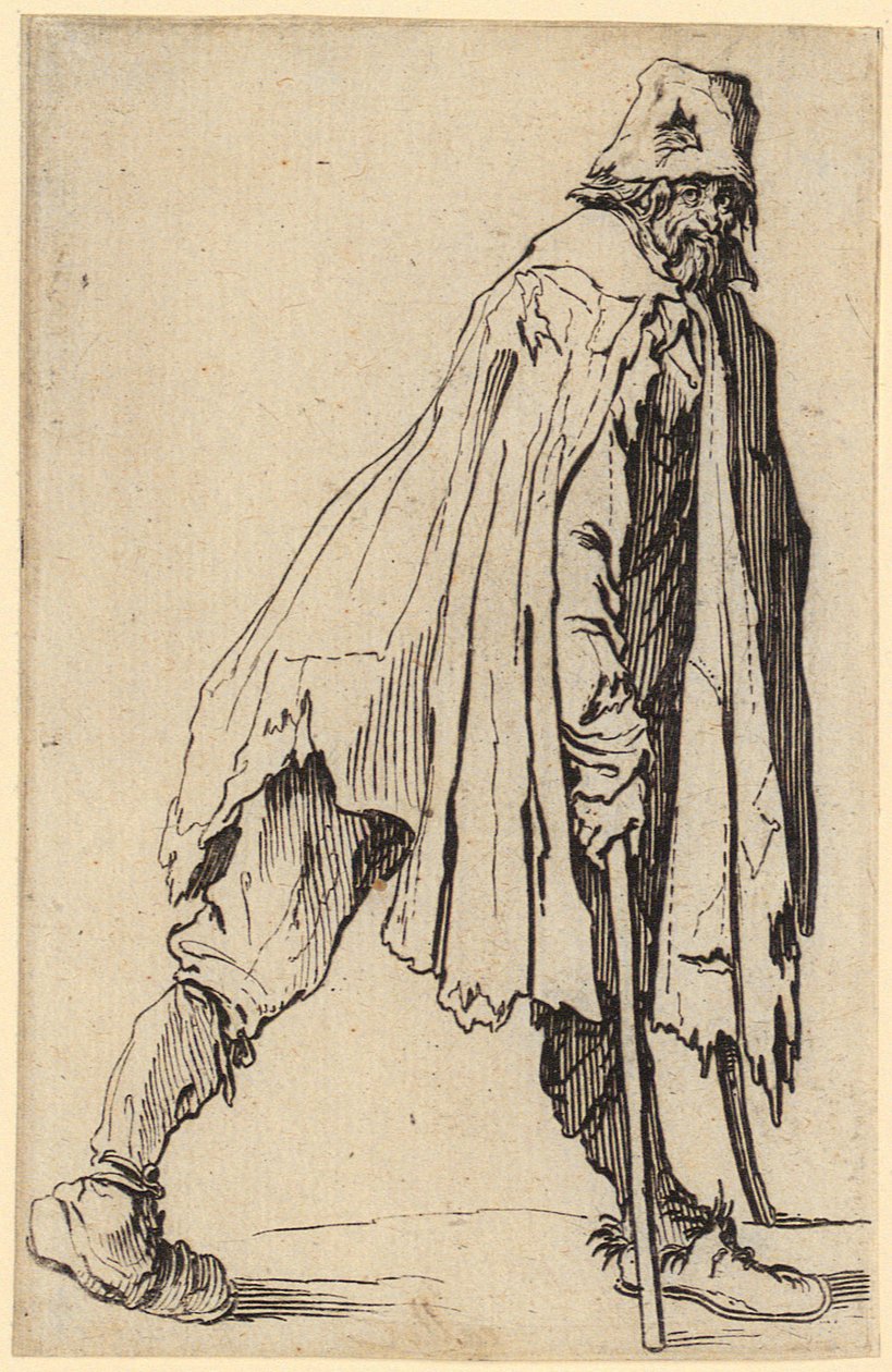 Mendiant avec béquilles et chapeau, feuille 4 de la série « Les Mendiants » - Jacques Callot