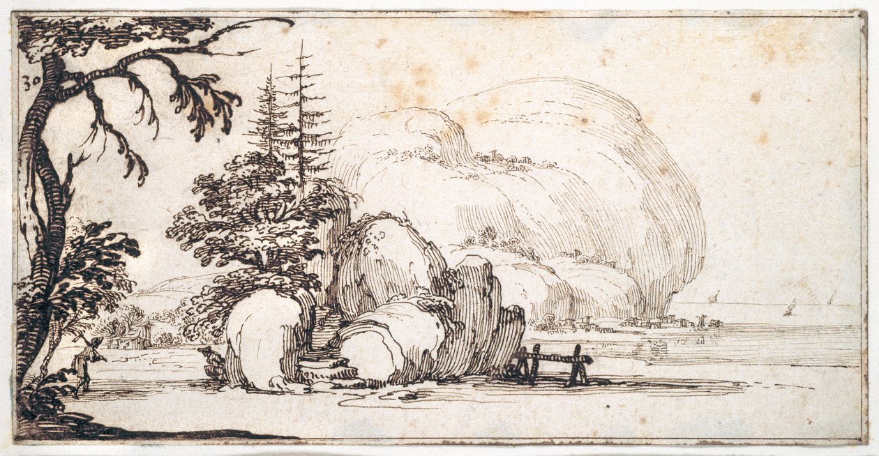 Rochers fantastiques par la côte, bâtiments au bord - Jacques Callot
