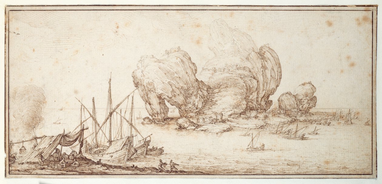 Rochers fantastiques, fortifiés. Navigation. Bivouac des marins en vue de leur embarcation (Le Grand Rocher) - Jacques Callot