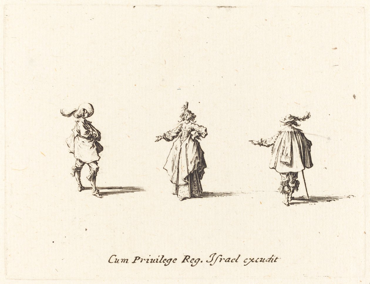 Dame avec bras tendu, et deux gentilshommes, probablement 1634 - Jacques Callot