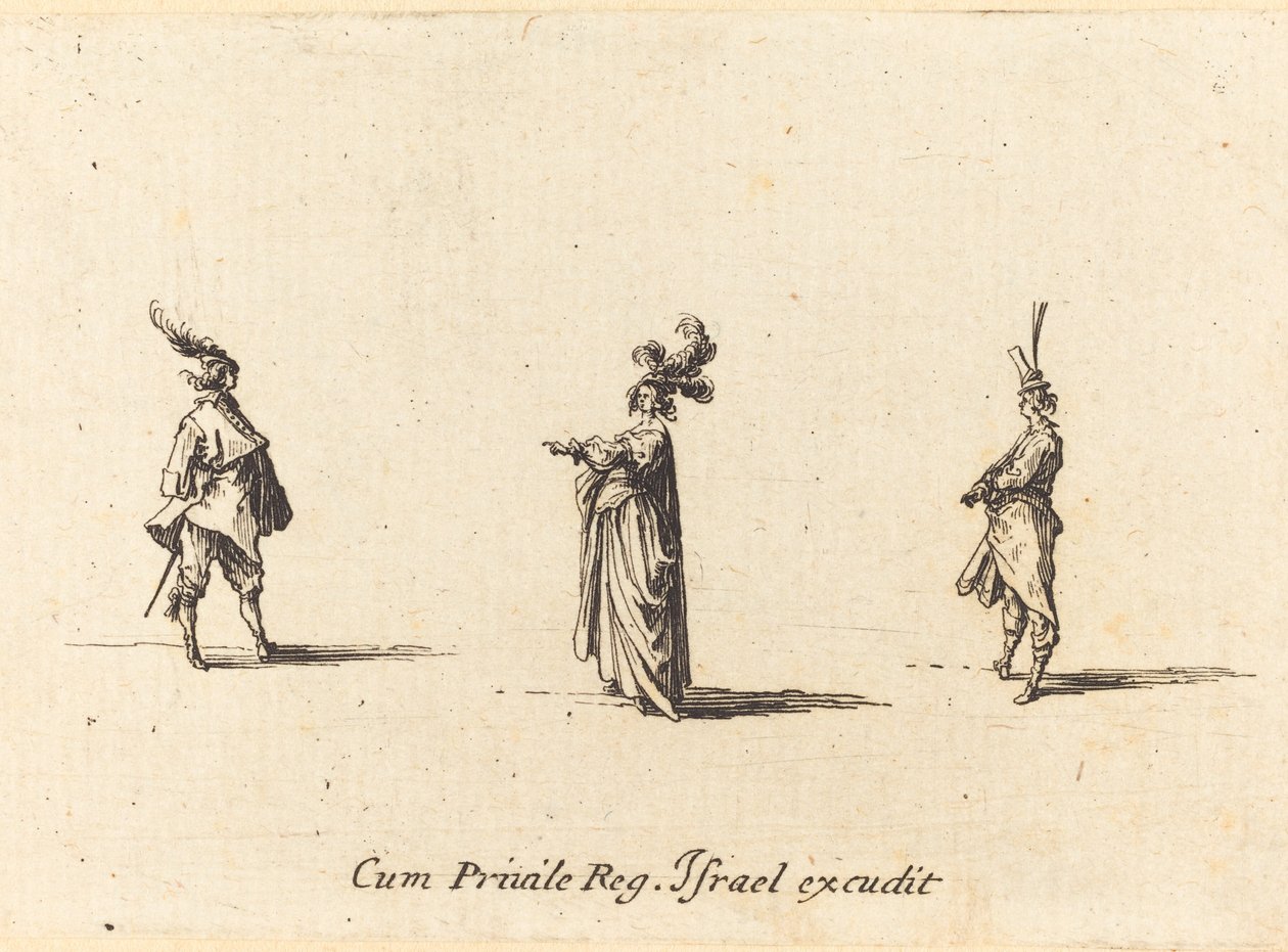 Dame avec un chapeau à plumes, et deux gentilshommes - Jacques Callot