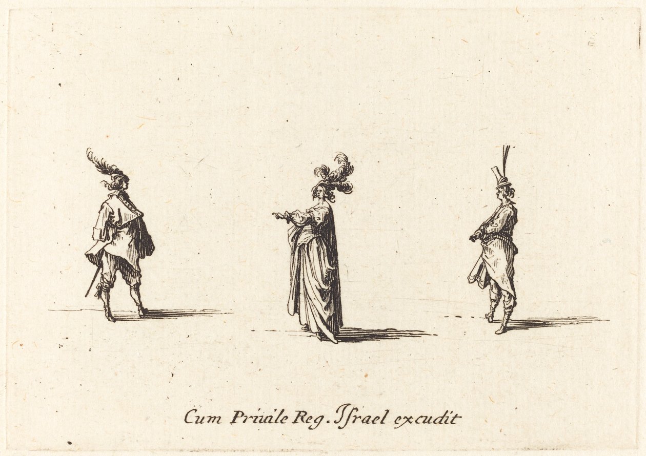 Dame au chapeau à plumes, et deux gentilshommes, probablement 1634 - Jacques Callot