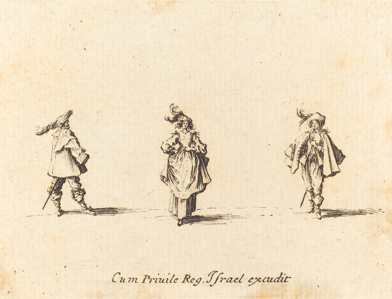 Dame avec des plumes, et deux messieurs - Jacques Callot