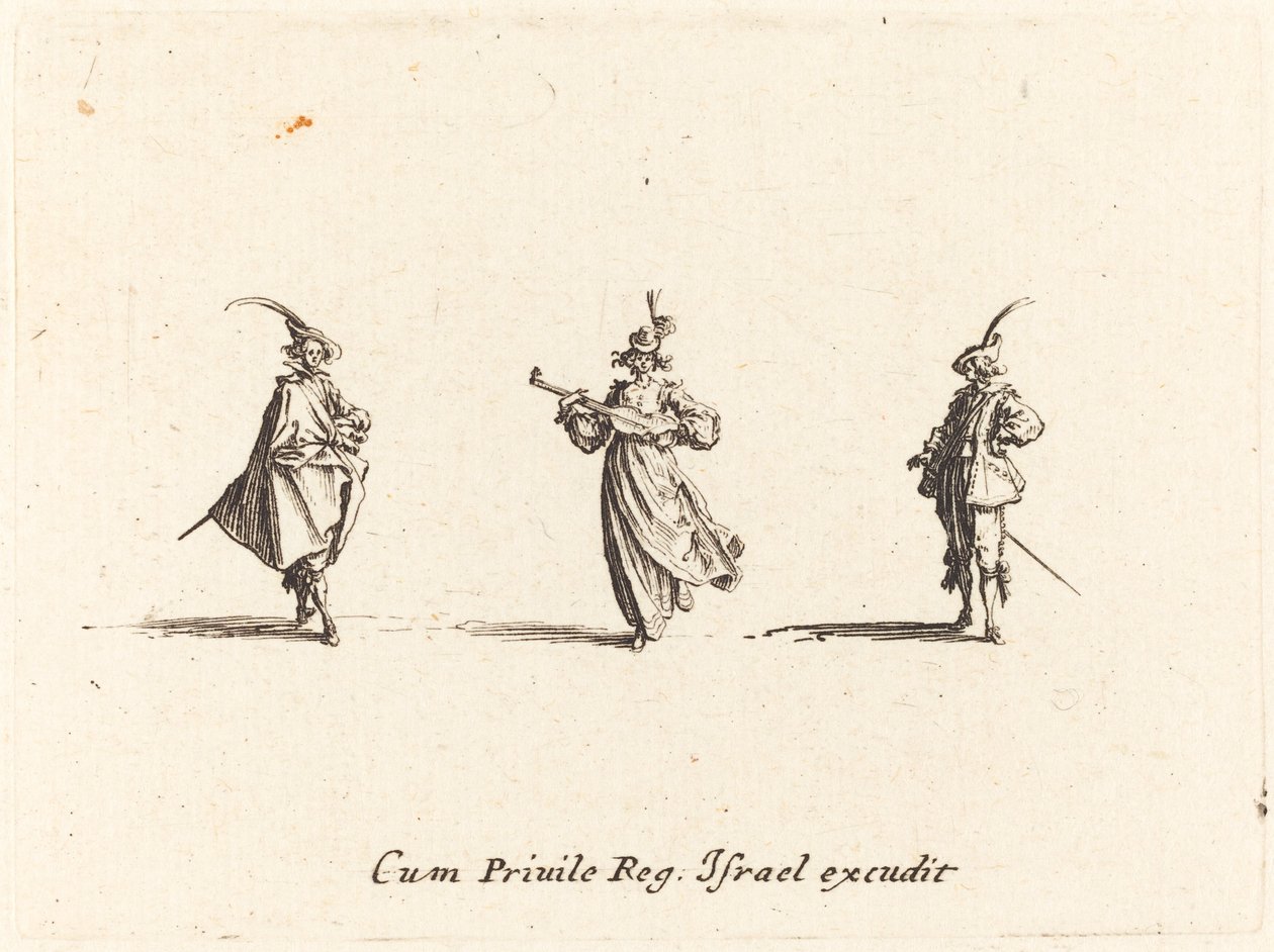 Dame avec un instrument à cordes, et deux gentilshommes - Jacques Callot