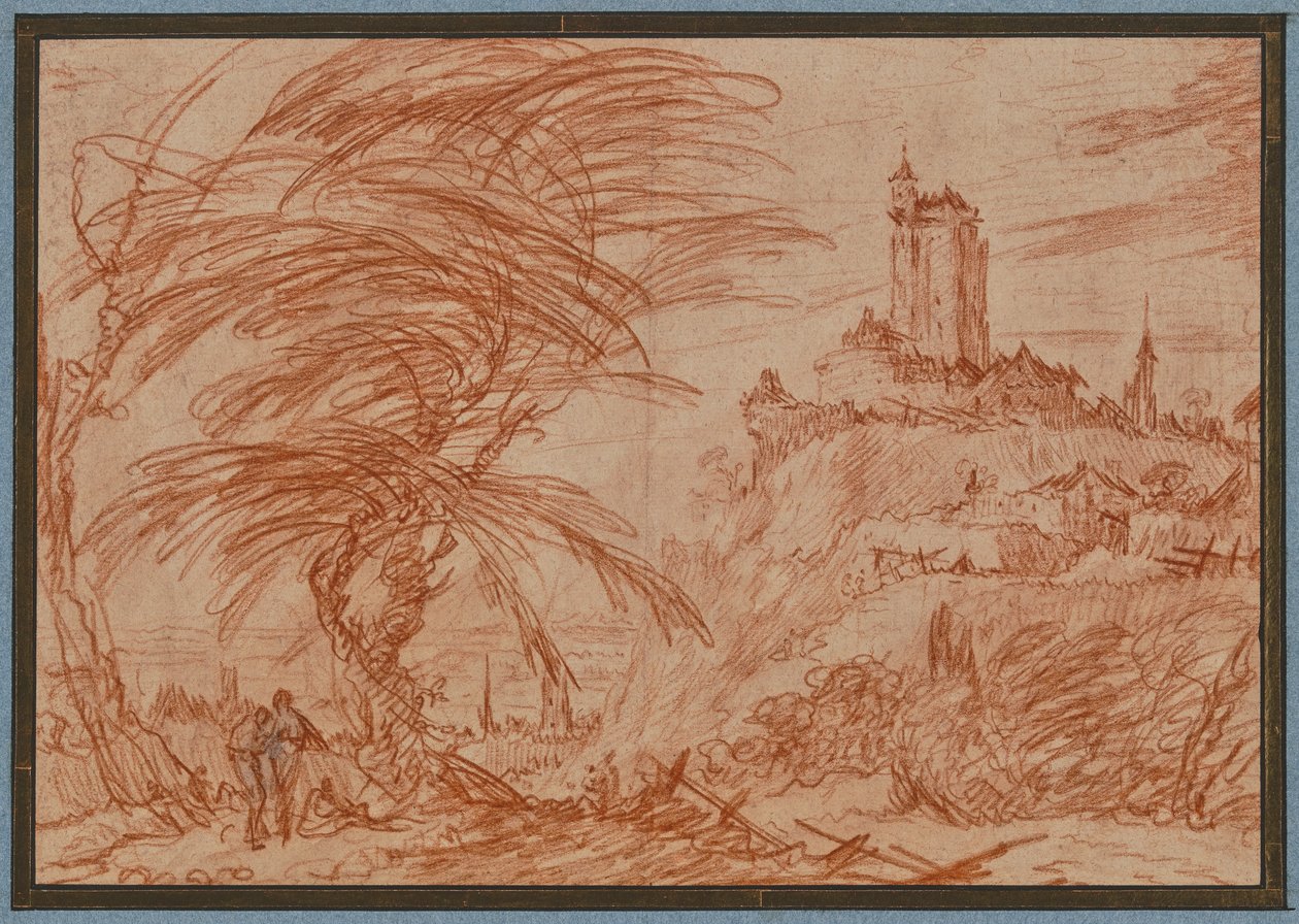 Landschaft, rechts auf einem Hügel ein großer Turm, links eine Baumgruppe und einige Figuren - Jacques Callot