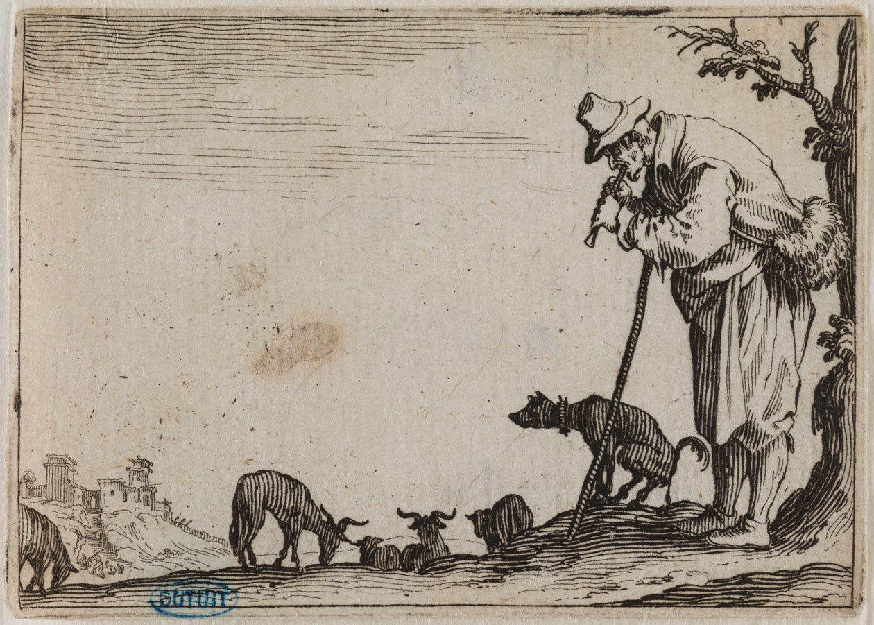 Les Caprices, Le Berger jouant de la flûte. Trente-septième numéro de la suite de 50 pièces gravée à Nancy (Lieure 464, Meaume 833) - Jacques Callot