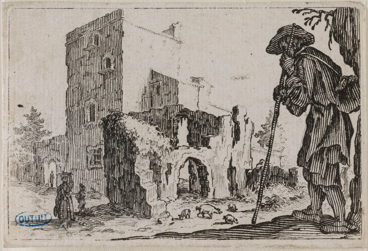 Les Caprices, Le Pâtre et les ruines. Cinquième numéro de la suite de 50 pièces gravée à Nancy (Lieure 432, Meaume 777) - Jacques Callot