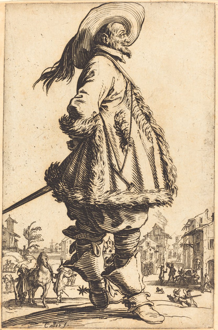 Noble homme avec manteau bordé de fourrure, tenant ses mains derrière son dos - Jacques Callot