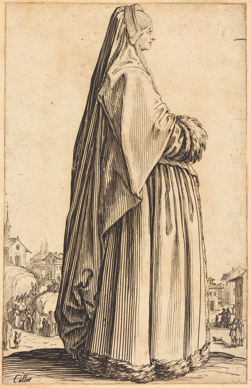 Noble dame portant un voile et une robe garnie de fourrure - Jacques Callot