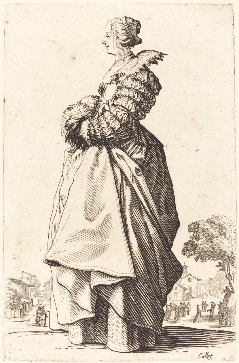 Femme noble de profil avec ses mains dans un manchon - Jacques Callot