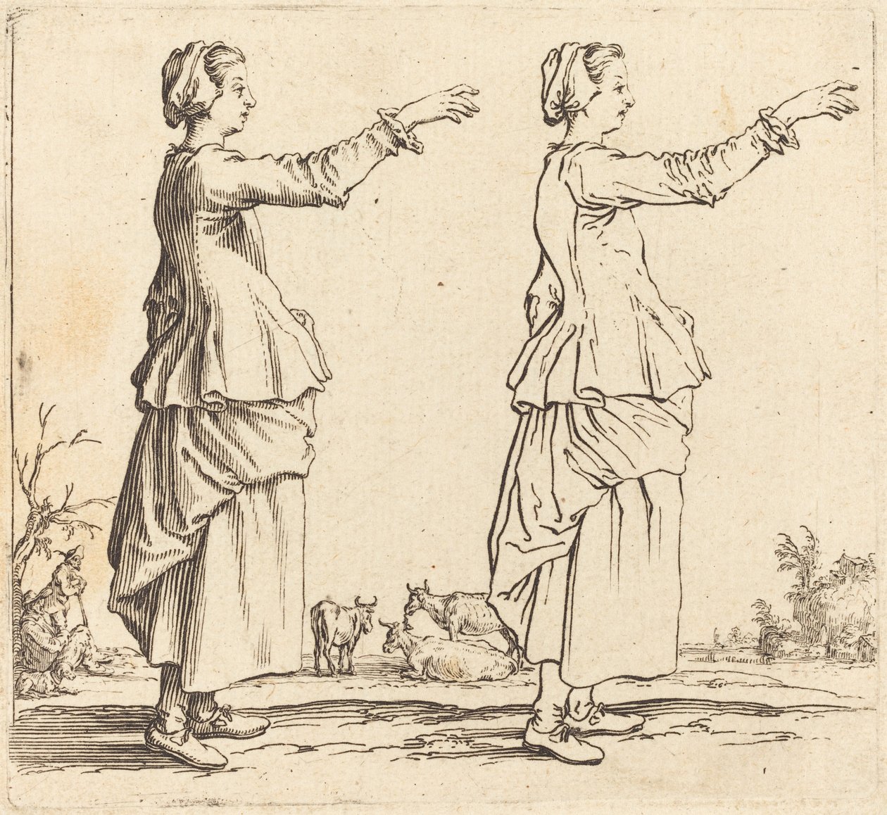 Paysanne, de profil, face à droite, avec bras étendu - Jacques Callot