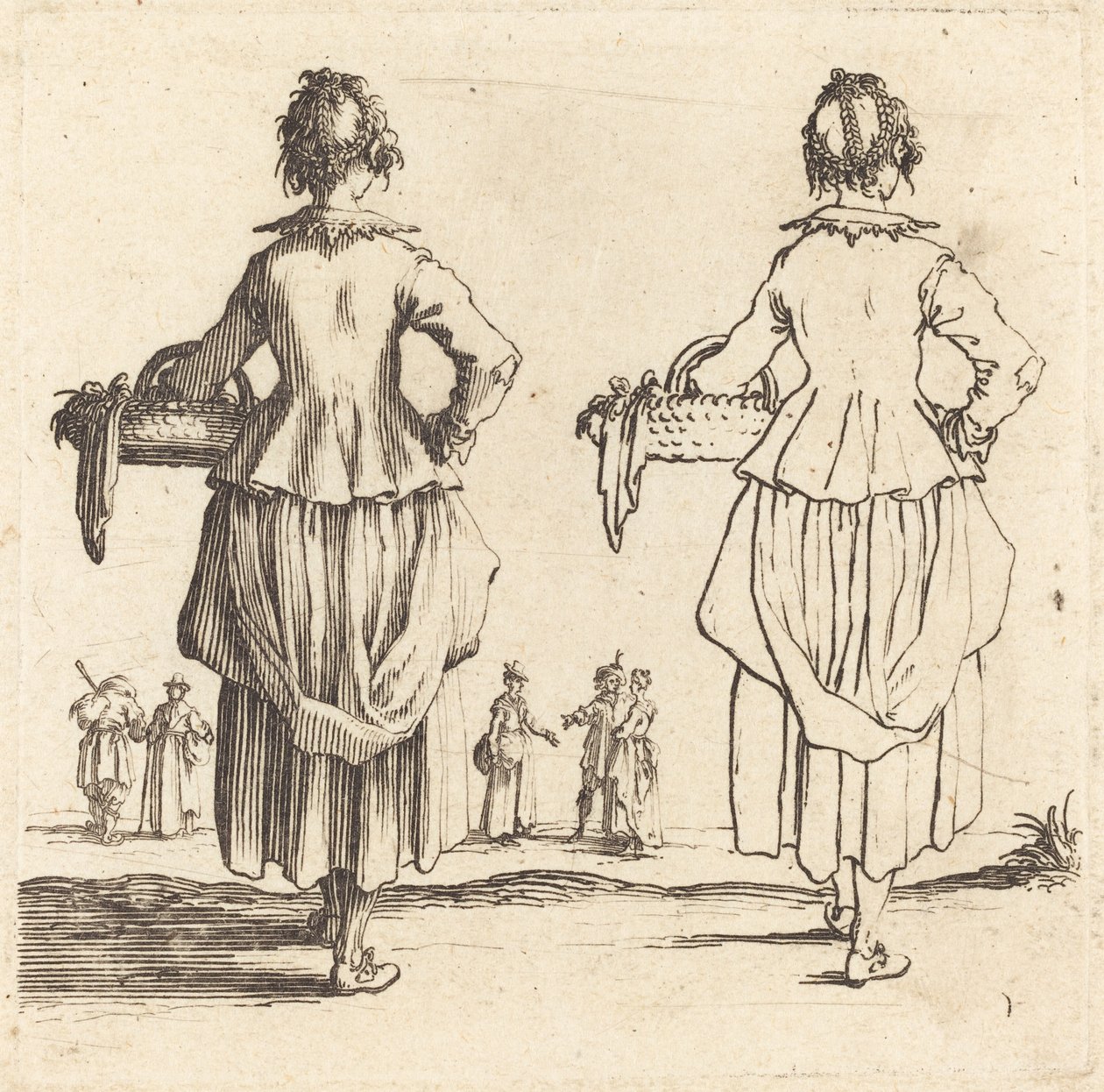 Paysanne avec panier, vue de dos - Jacques Callot